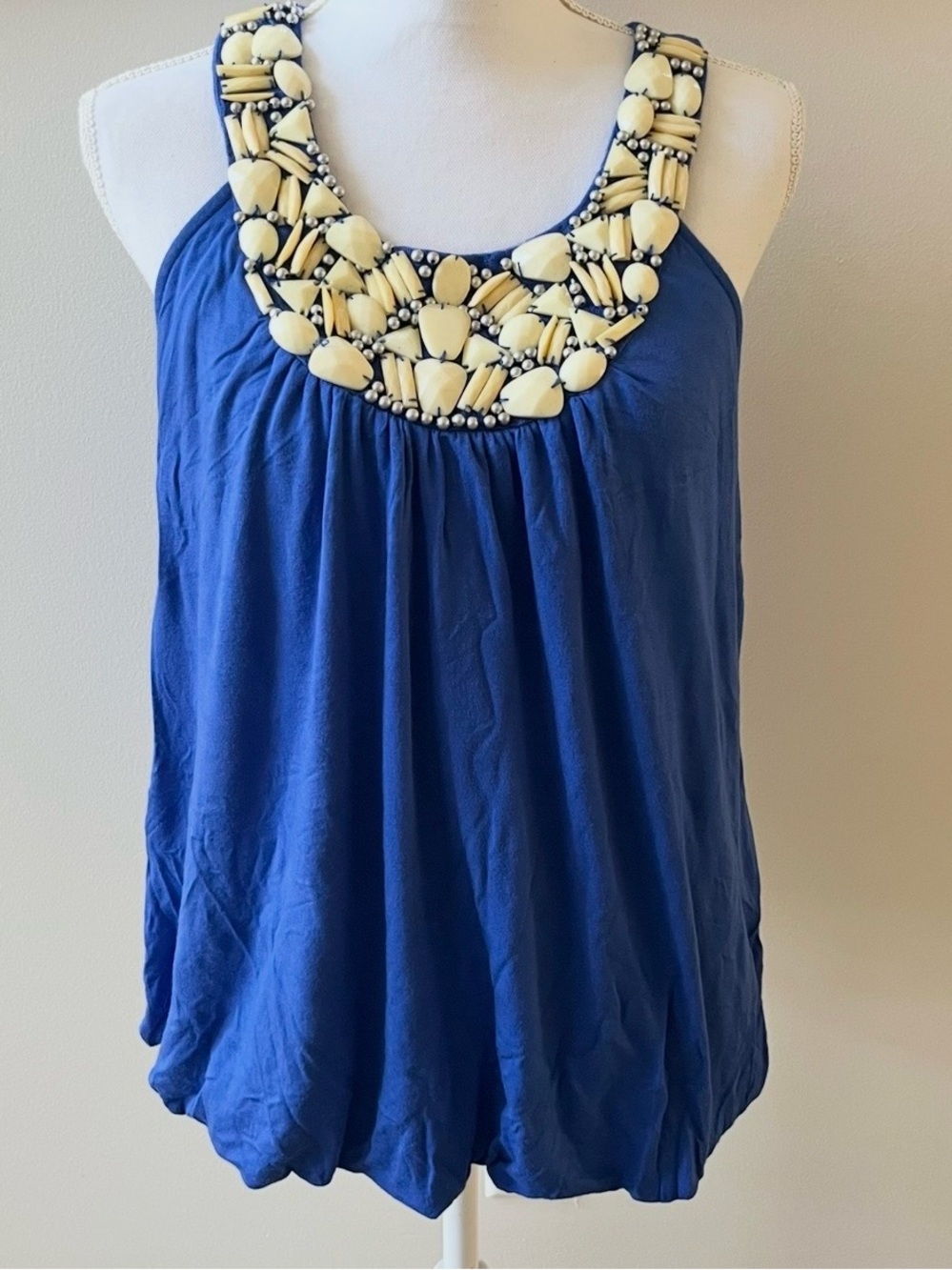 Boho Chic Blue Bubble Hem Shell Beaded Neckline Mermaidcore Coastal Top Medium